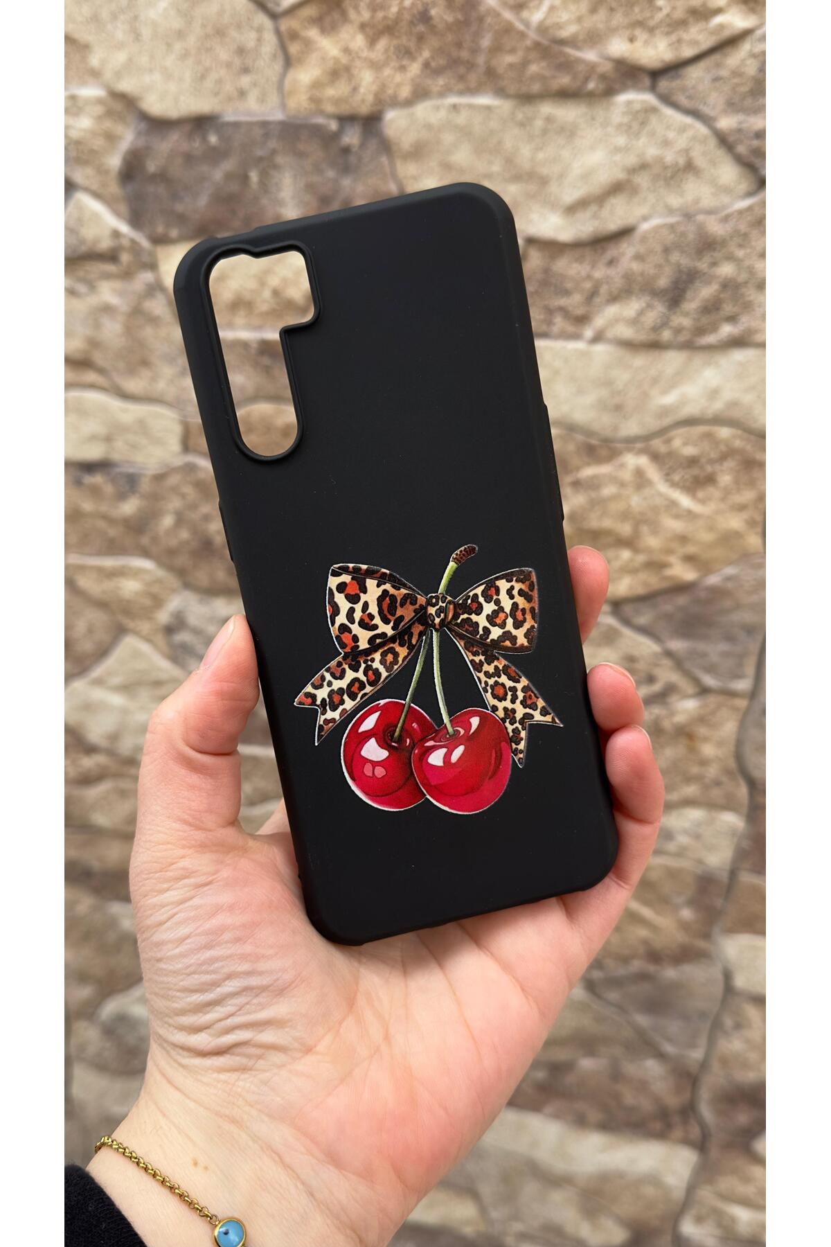 Oppo A91 Uyumlu Kiraz Fiyonk Leopar Desenli Silikon Darbe Emici Klasik Korumalı Rubber Kılıf
