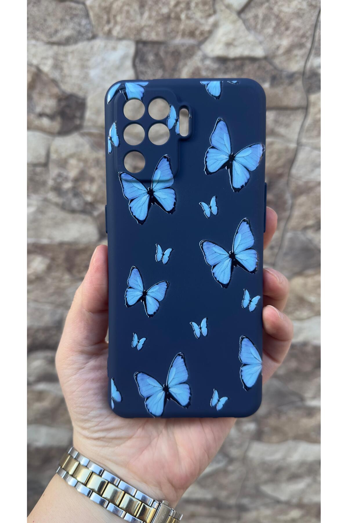Oppo Reno 5 Lite Uyumlu Mavi Kelebek Desenli Silikon Darbe Emici Klasik Korumalı Rubber Kılıf