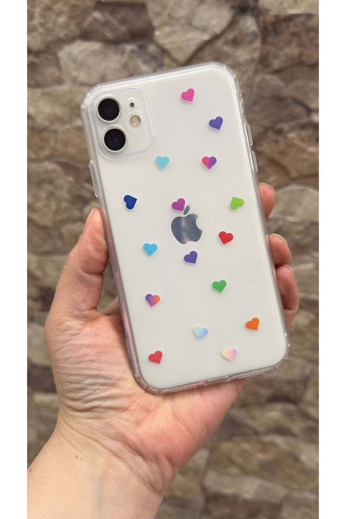 iPhone 11 Uyumlu Renkli Mini Kalp Desenli Şeffaf Darbe Emici Kamera Korumalı Clear Kılıf