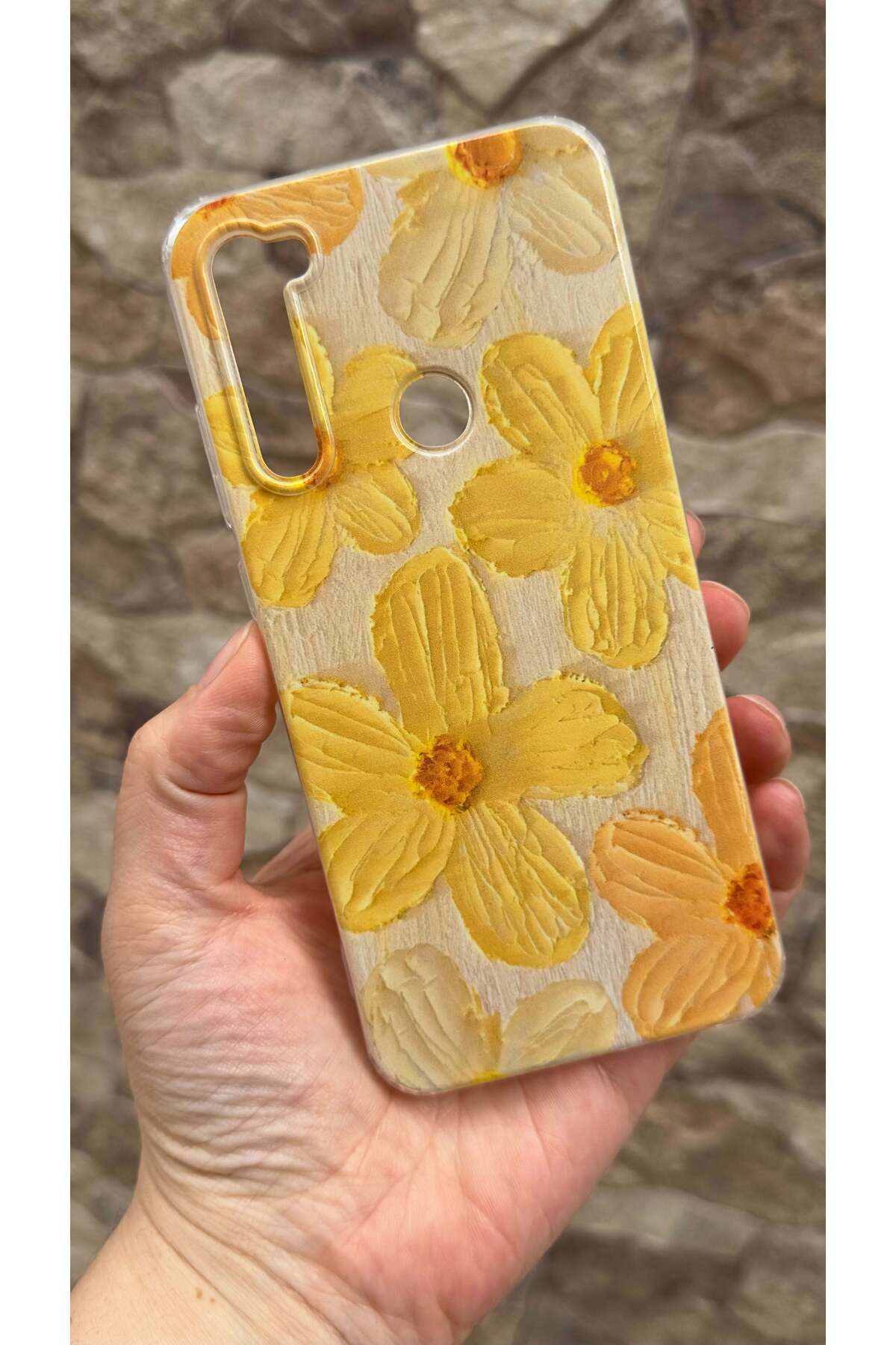Redmi Note 8 Uyumlu Sarı Çiçek Desenli Şeffaf Darbe Emici Kamera Korumalı Clear Kılıf