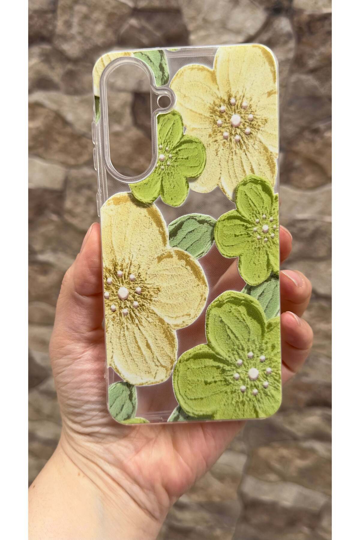 Galaxy A36 Uyumlu Yeşil Çiçek Desenli Şeffaf Darbe Emici Kamera Korumalı Clear Kılıf