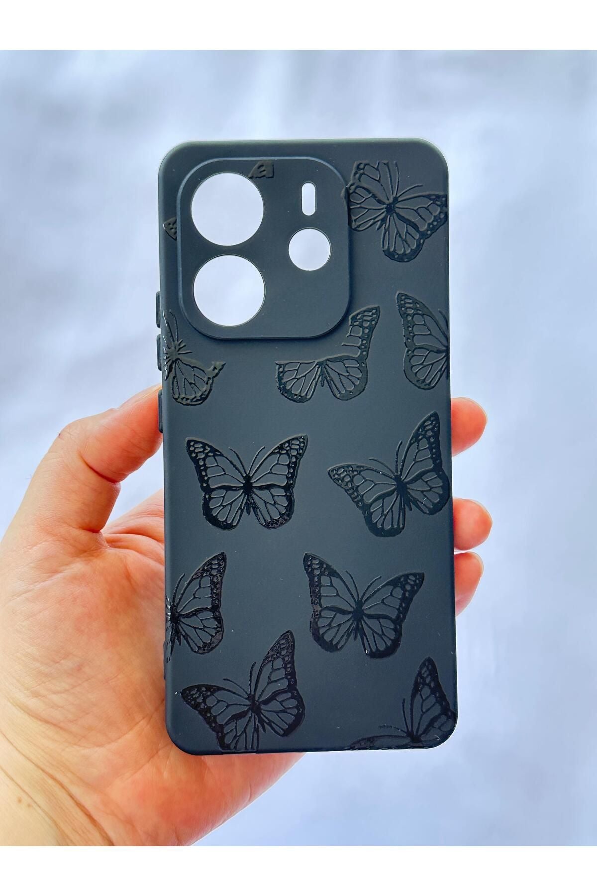 Xiaomi Redmi Note 14 Siyah Kelebek Desenli Silikon Darbe Emici Klasik Korumalı Rubber Kılıf
