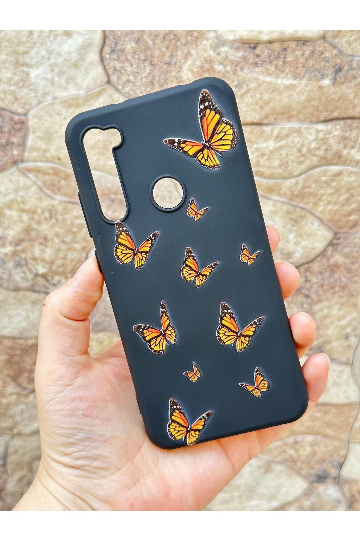 Xiaomi Redmi Note 8 Turuncu Kelebek Desenli Silikon Darbe Emici Klasik Korumalı Rubber Kılıf