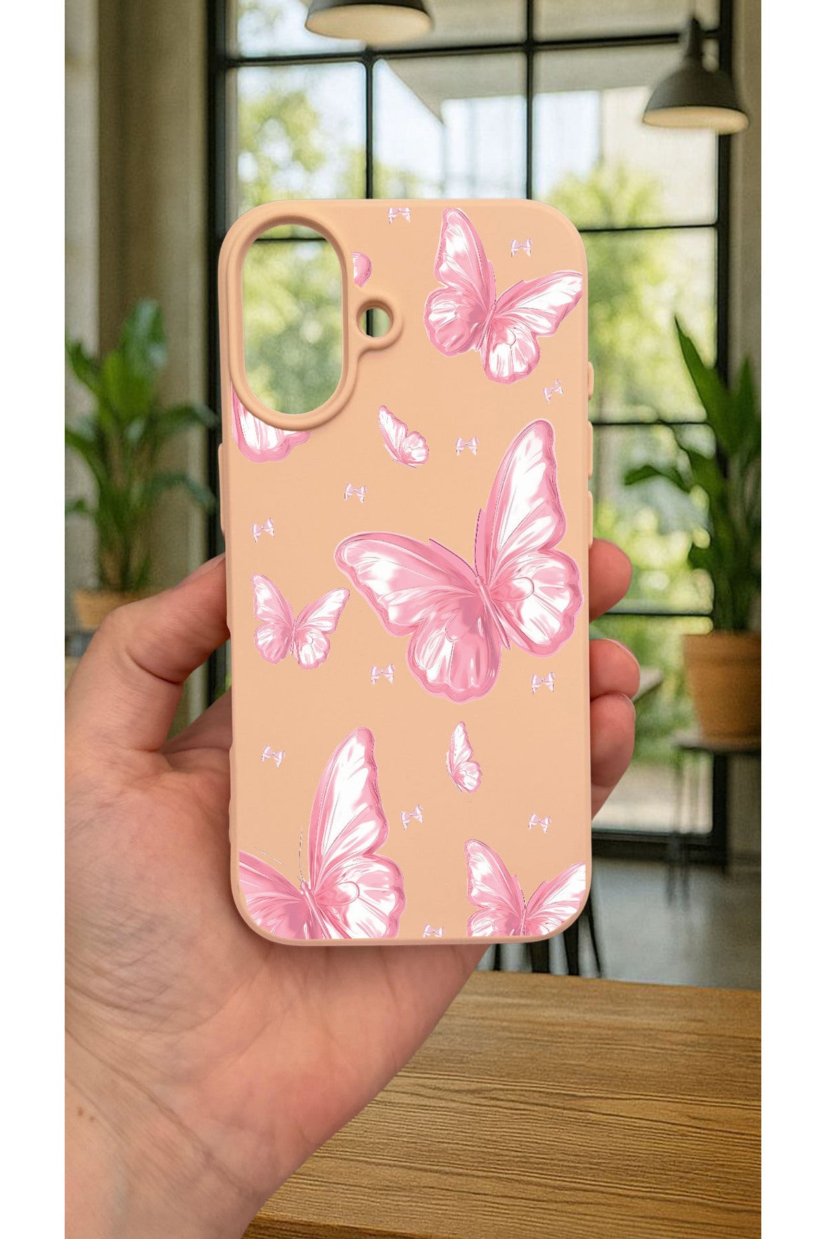 iPhone 16 - PEMBE KELEBEK DESENLİ Silikon Darbe Emici Klasik Korumalı Rubber Kılıf