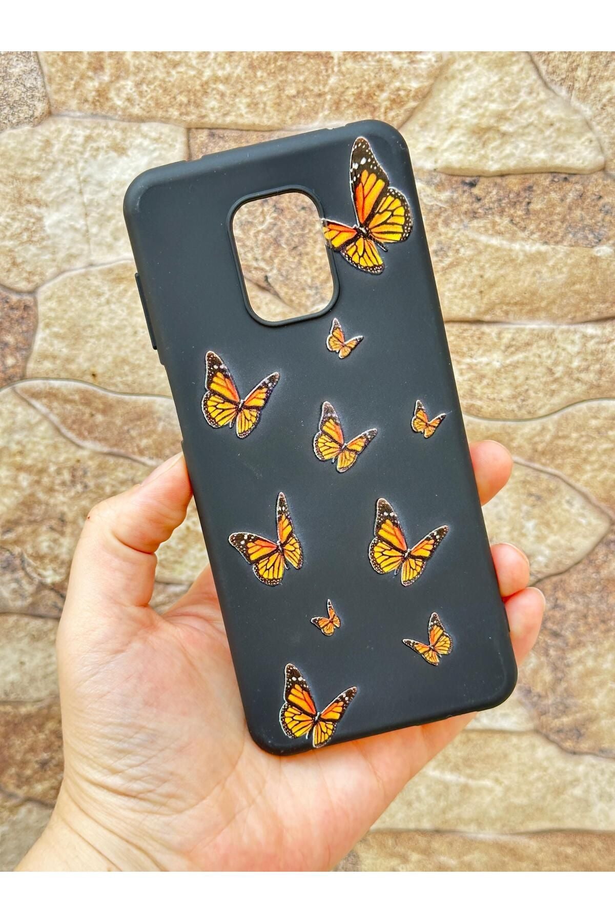 Xiaomi Redmi Note 9Pro/9S Uyumlu Turuncu Kelebek Desenli Silikon Darbe Emici Klasik Korumalı Rubber Kılıf
