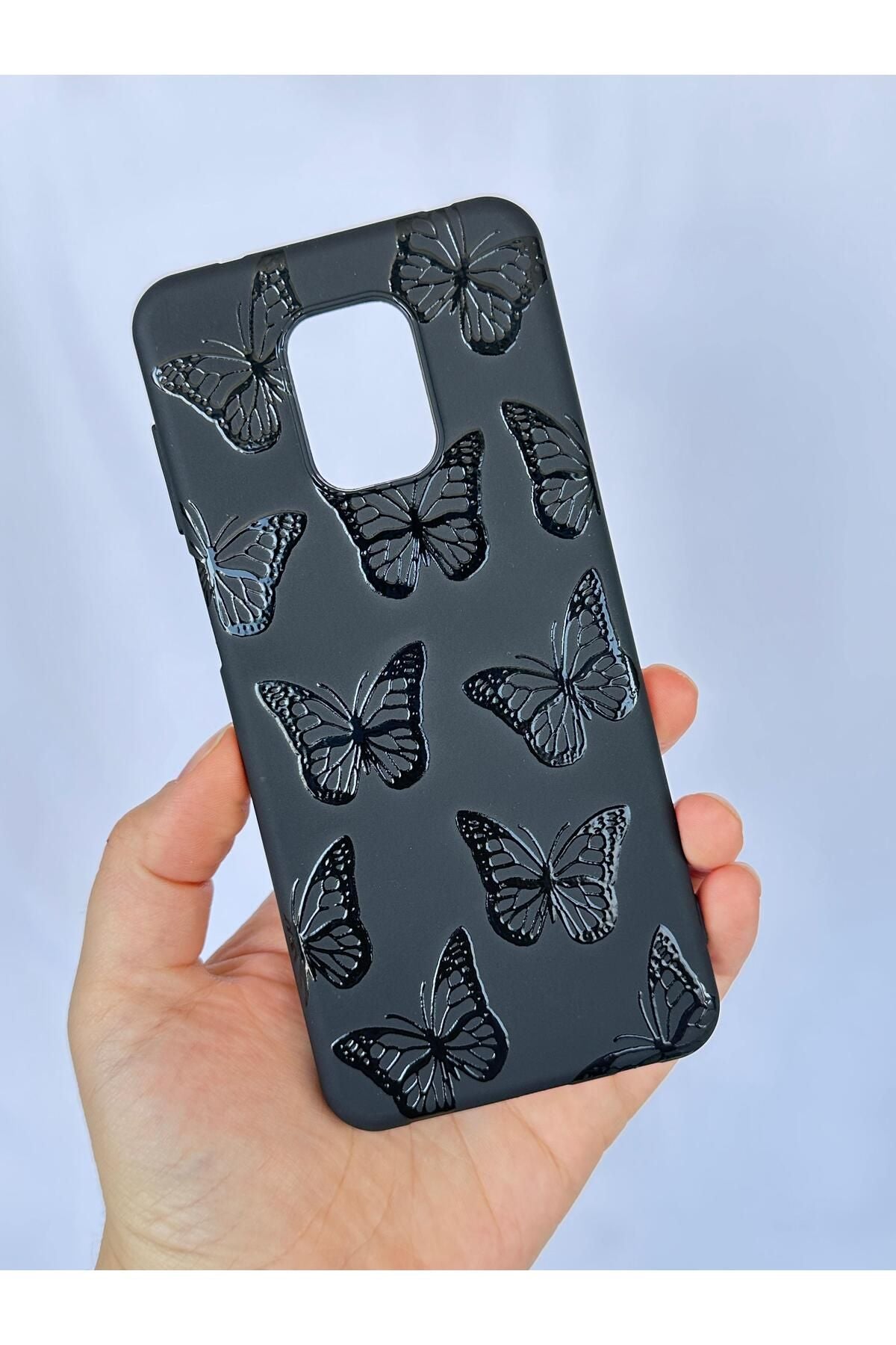 Redmi Note 9Pro/9S Uyumlu Siyah Kelebek Desenli Silikon Darbe Emici Klasik Korumalı Rubber Kılıf