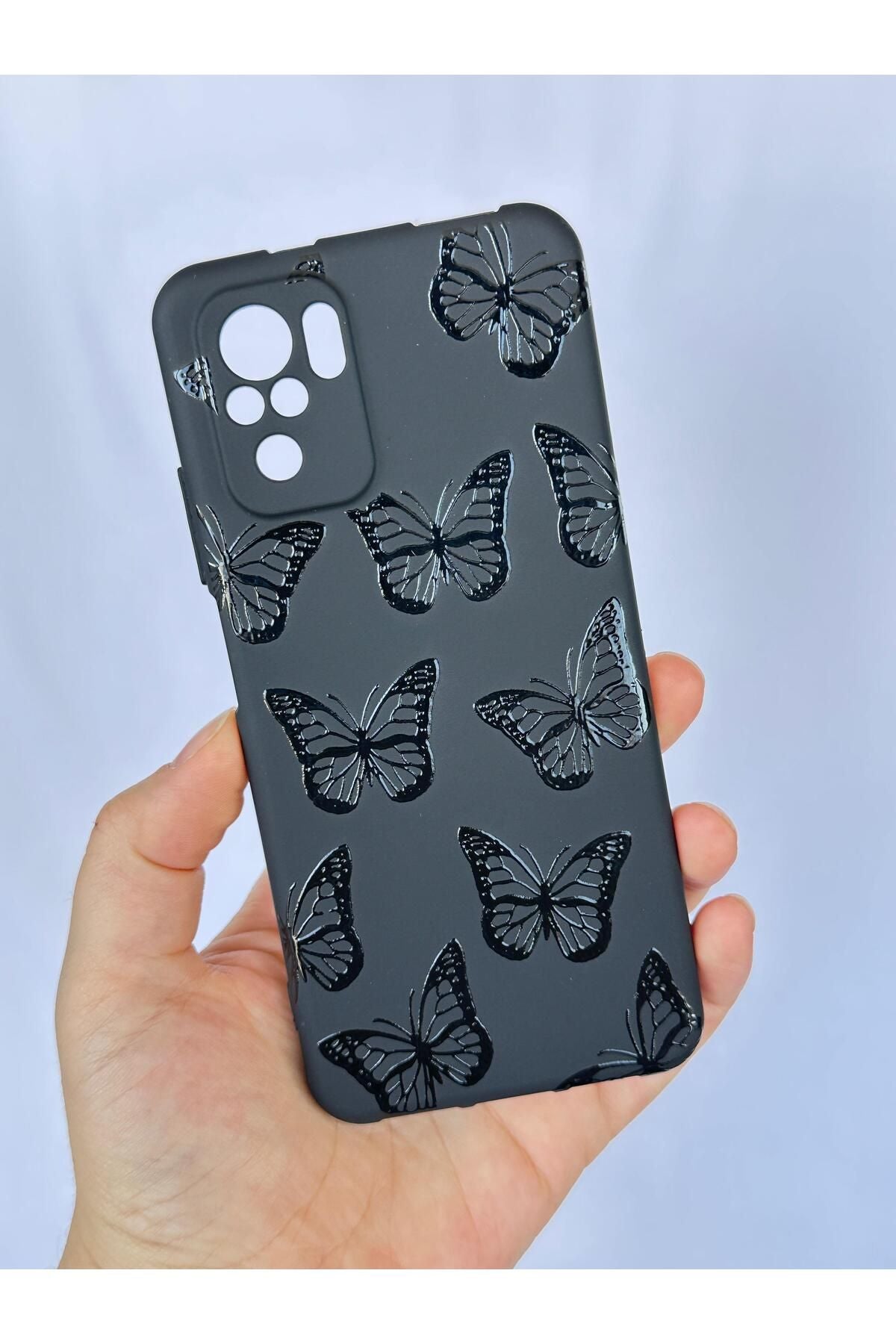 Redmi Note 10/10S Uyumlu Siyah Kelebek Desenli Silikon Darbe Emici Klasik Korumalı Rubber Kılıf