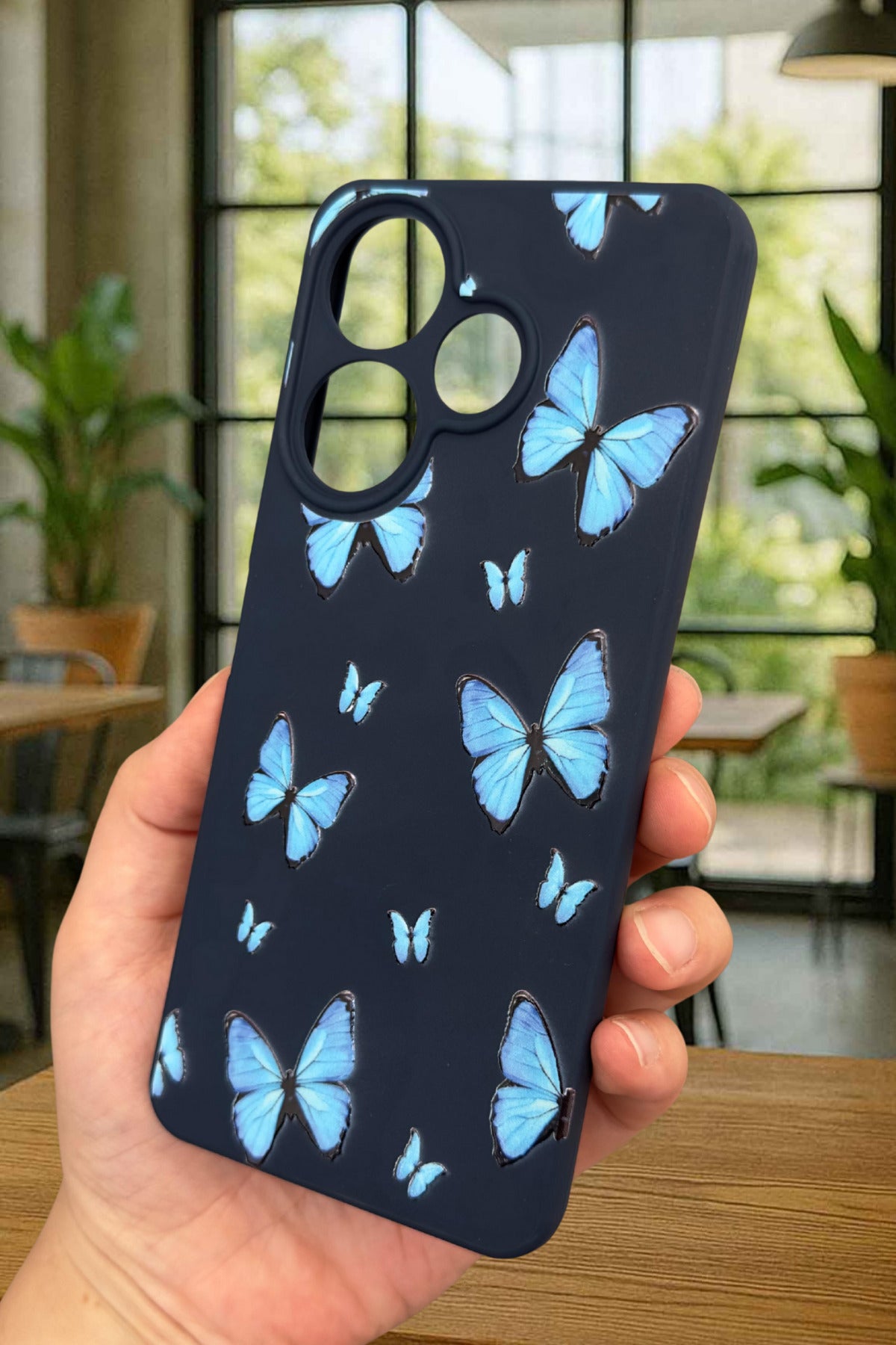 Xiaomi Redmi 13 4G MAVİ KELEBEK DESENLİ Silikon Darbe Emici Klasik Korumalı Rubber Kılıf