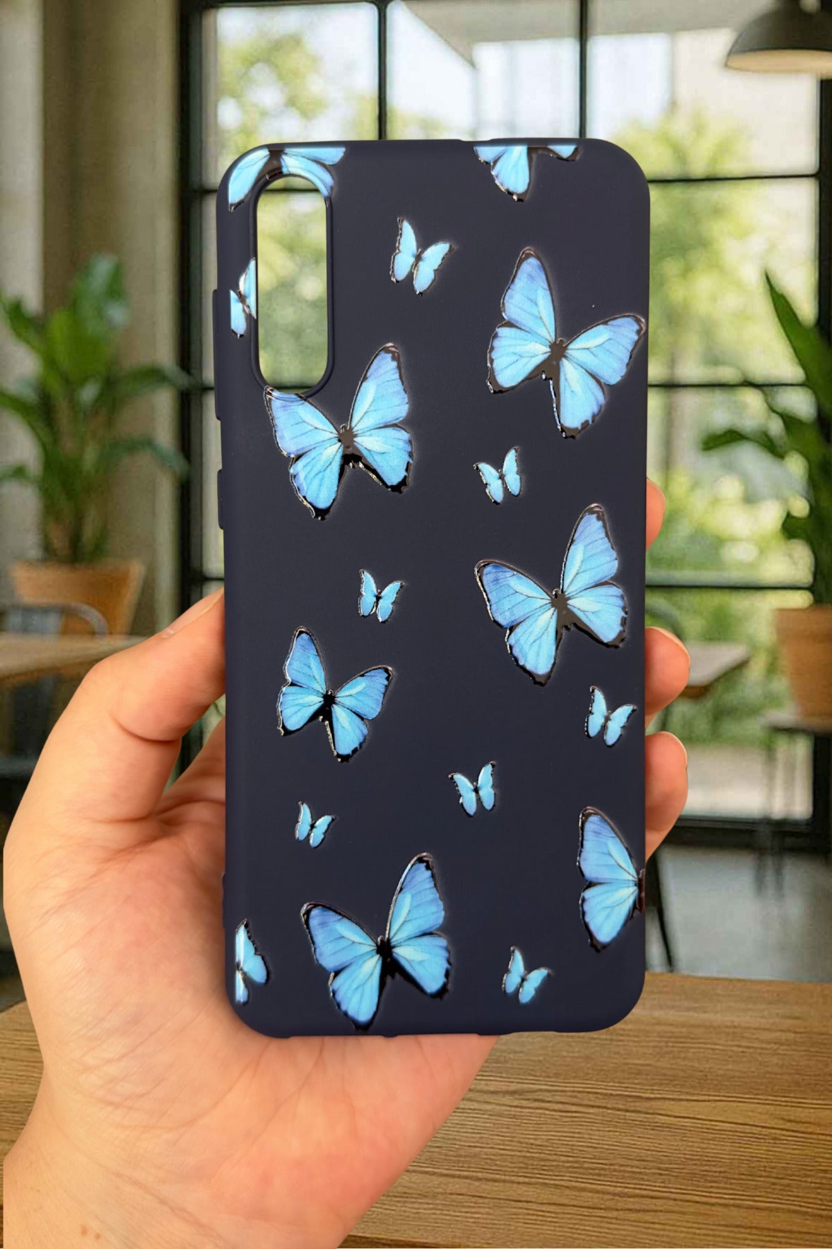 Samsung Galaxy A50 Uyumlu Mavi Kelebek Desenli Silikon Darbe Emici Klasik Korumalı Rubber Kılıf