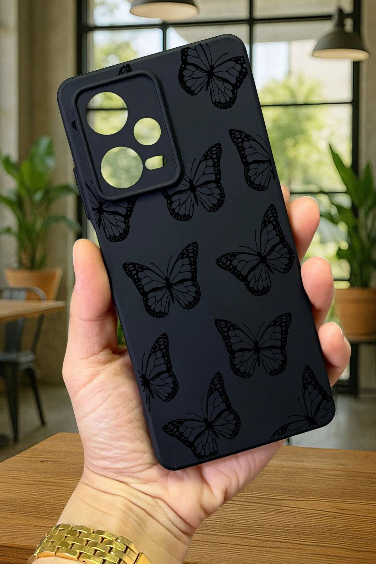 Redmi Note 12 Pro 5G SİYAH KELEBEK DESENLİ Silikon Darbe Emici Klasik Korumalı Rubber Kılıf