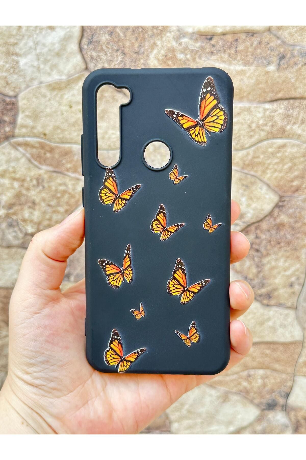Xiaomi Redmi Note 8 Turuncu Kelebek Desenli Silikon Darbe Emici Klasik Korumalı Rubber Kılıf