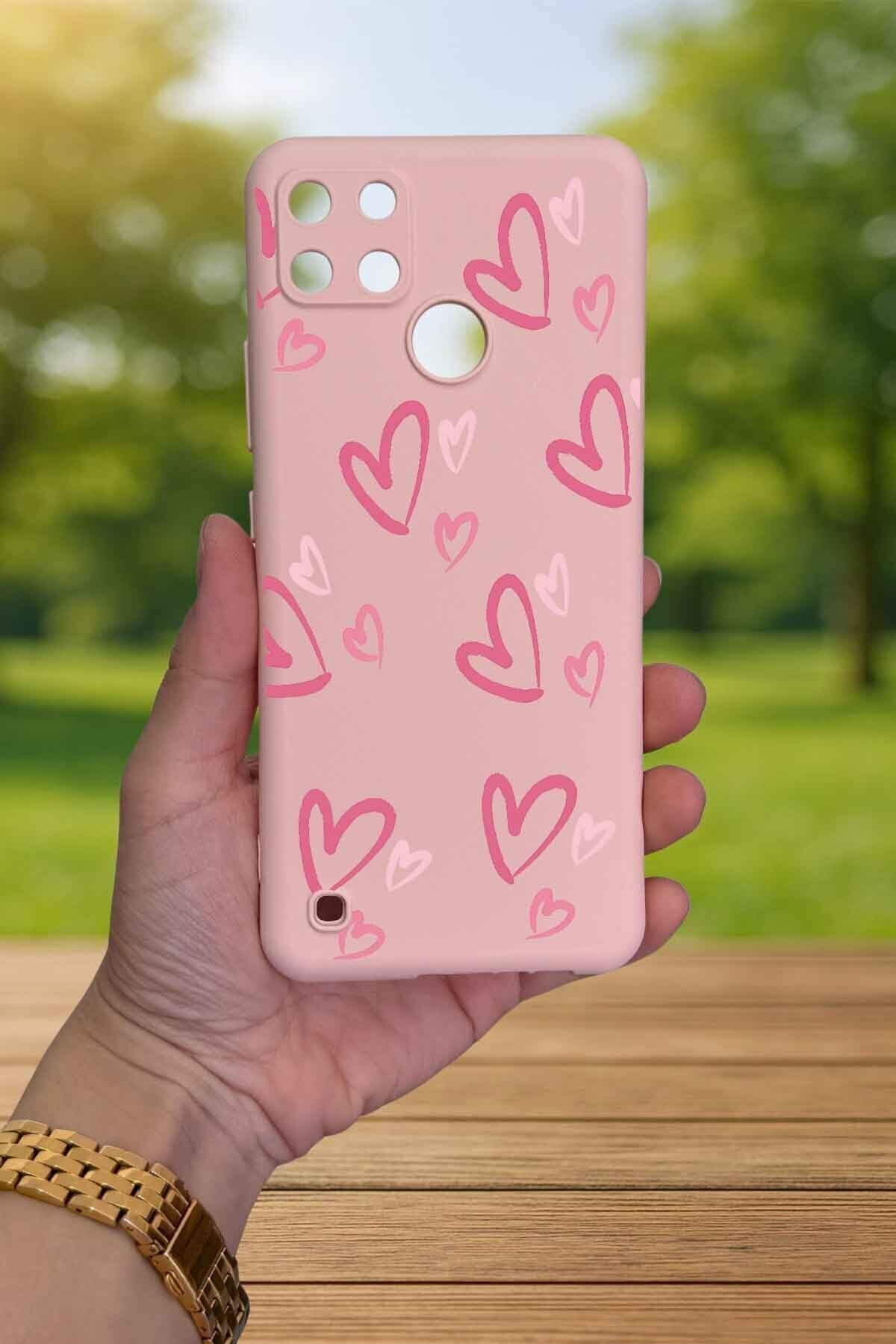 Realme C21Y Ve C25Y - PEMBE KALP DESENLİ Silikon Darbe Emici Klasik Korumalı Rubber Kılıf