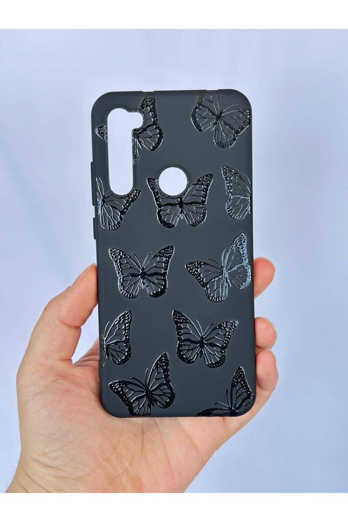 Xiaomi Redmi Note 8 Siyah Kelebek Desenli Silikon Darbe Emici Klasik Korumalı Rubber Kılıf