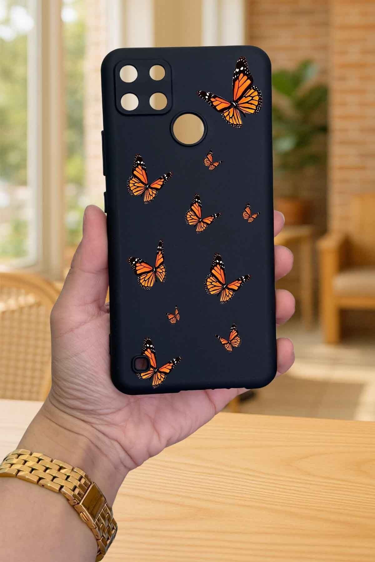 Realme C21Y Ve C25Y -KELEBEK DESENLİ Silikon Darbe Emici Klasik Korumalı Rubber Kılıf