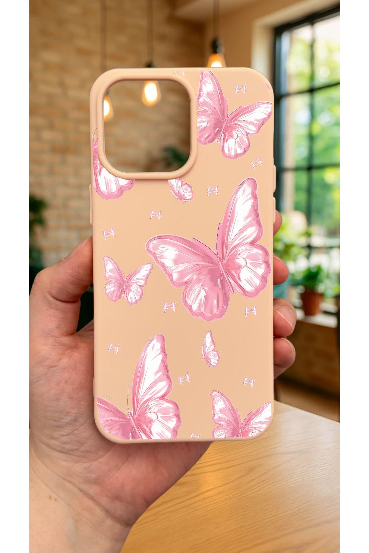 iPhone 15 Pro Max -PEMBE KELEBEK DESENLİ Silikon Darbe Emici Klasik Korumalı Rubber Kılıf