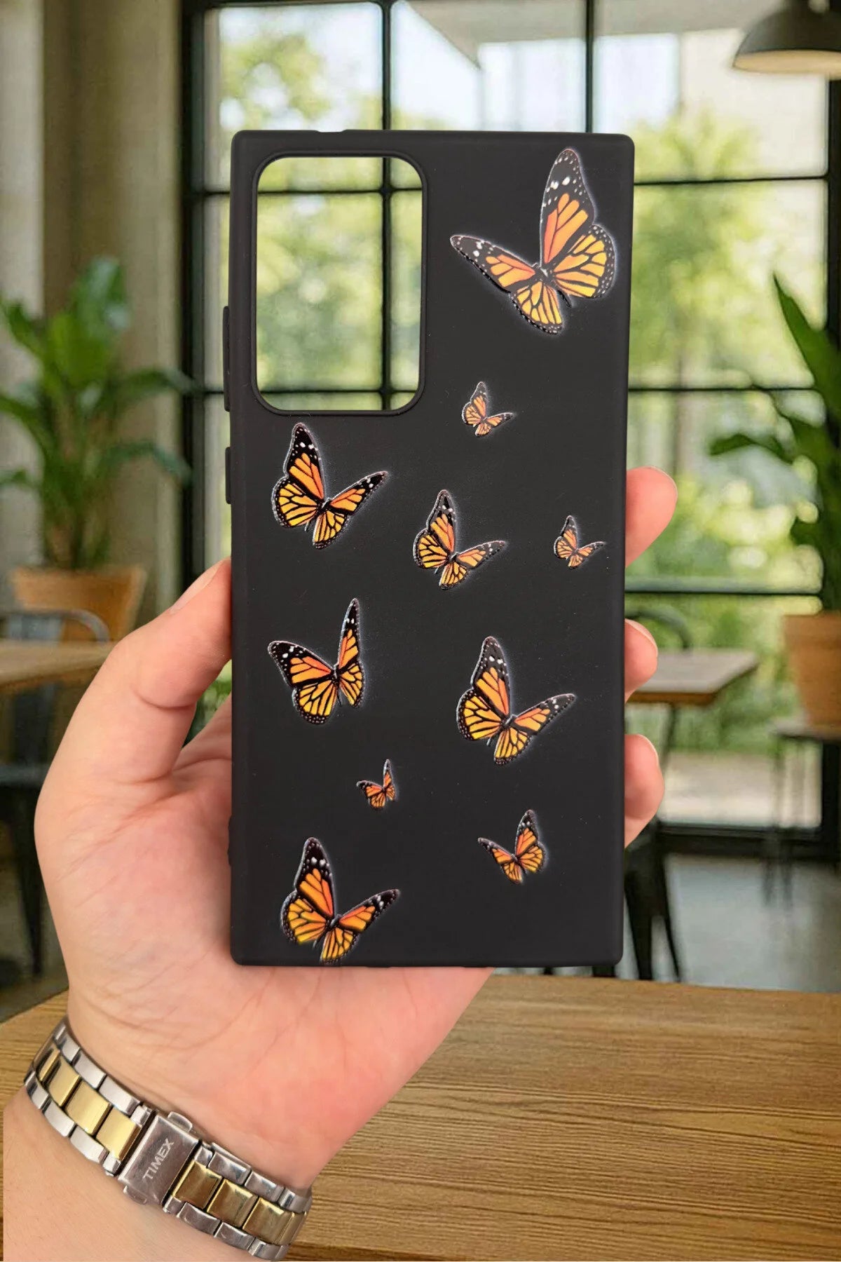 SM Galaxy Note 20 Ultra Turuncu Kelebek Desenli Silikon Darbe Emici Klasik Korumalı Rubber Kılıf