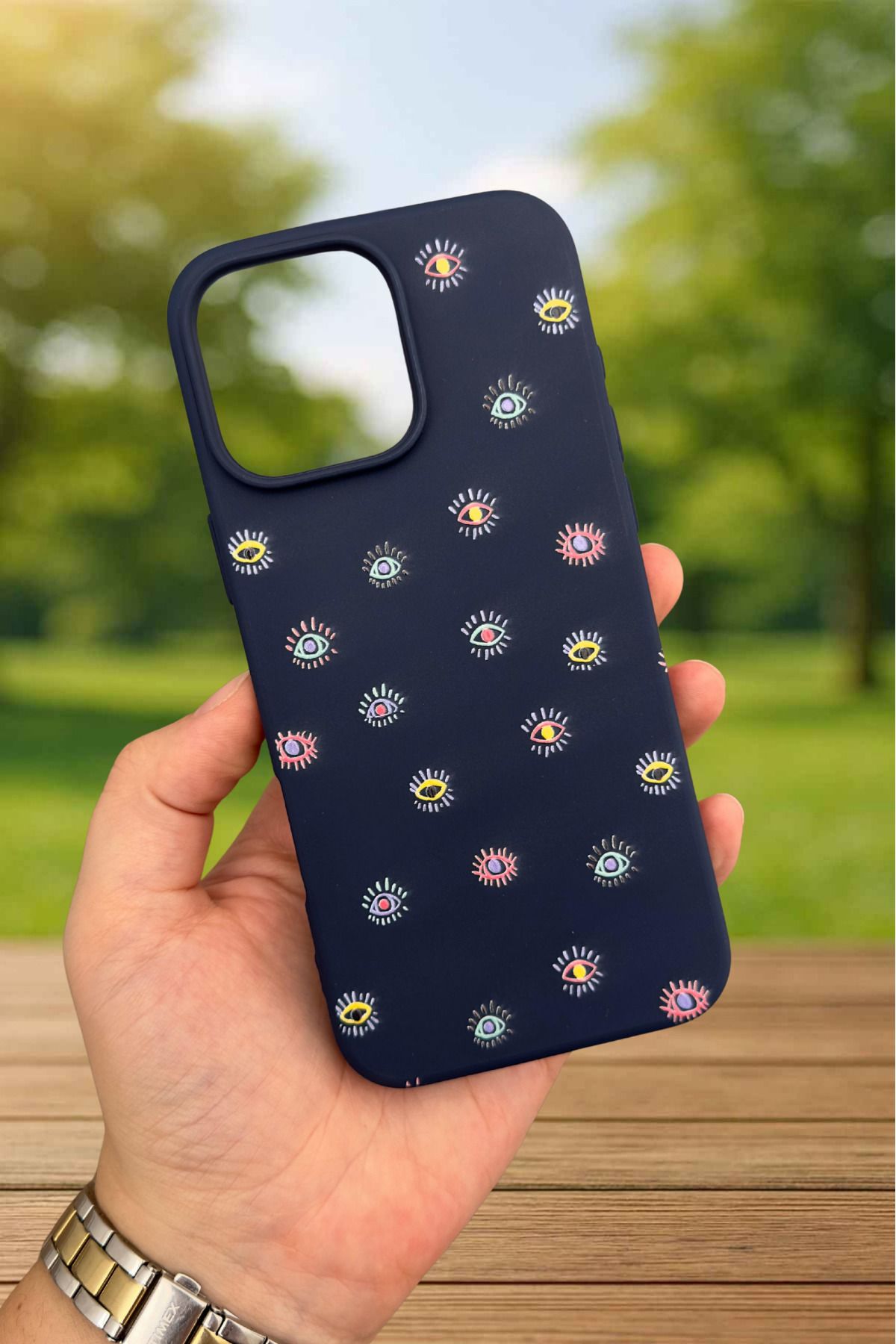 iPhone 14 Plus /15 Plus - MİNİ EVIL EYE DESENLİ Silikon Darbe Emici Klasik Korumalı Rubber Kılıf