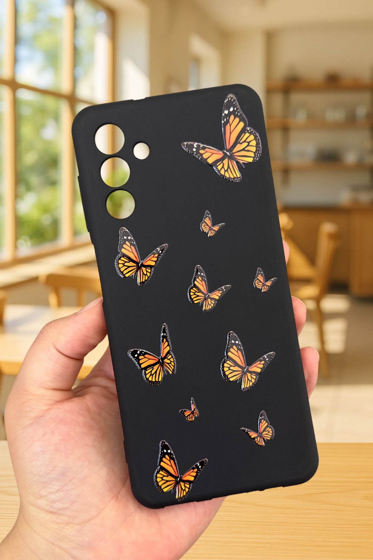 Samsung Galaxy A54 - TURUNCU KELEBEK DESENLİ Silikon Darbe Emici Klasik Korumalı Rubber Kılıf