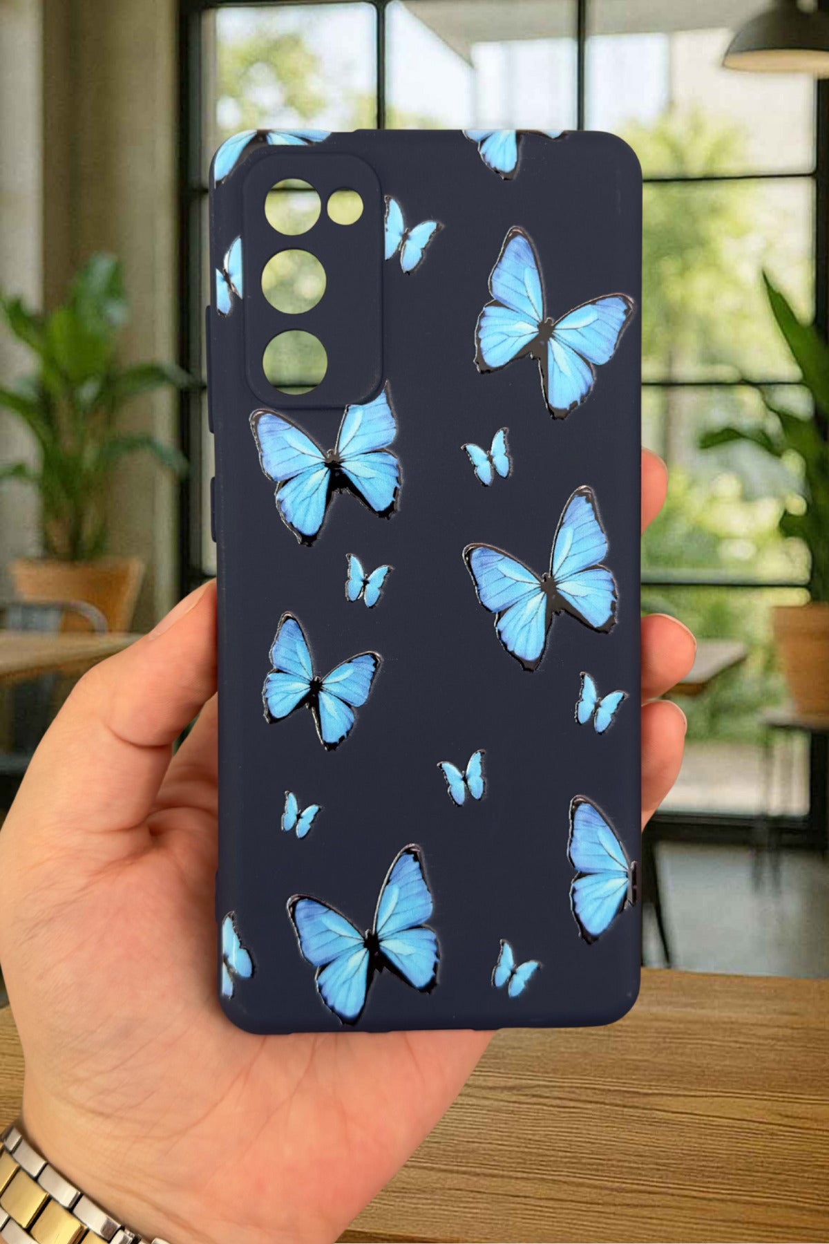 Samsung Galaxy S20 Fe - Mavi Kelebek Desenli Silikon Darbe Emici Klasik Korumalı Rubber Kılıf