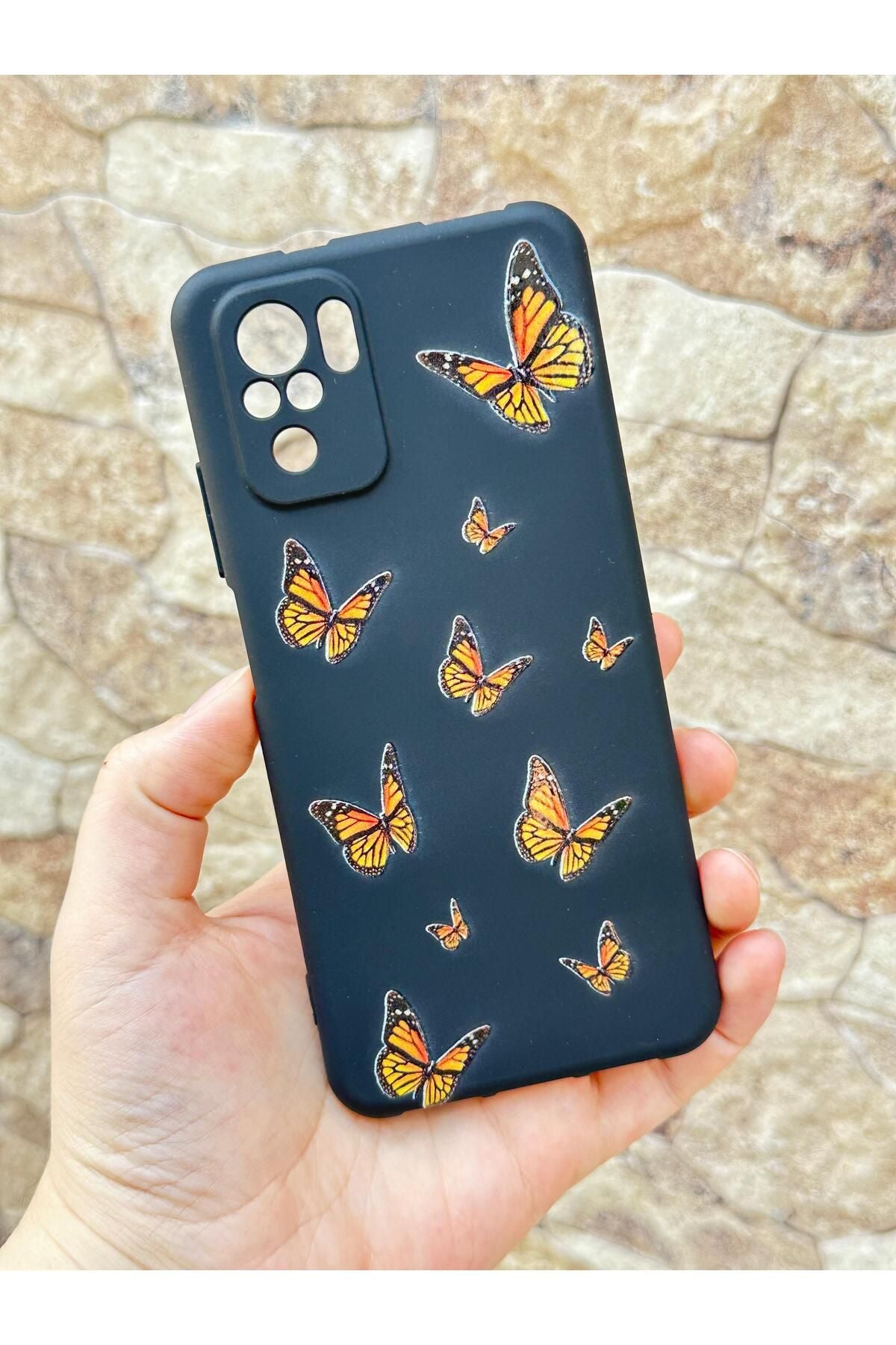 Xiaomi Redmi Note 10/10S Uyumlu Turuncu Kelebek Desenli Silikon Darbe Emici Klasik Korumalı Rubber Kılıf