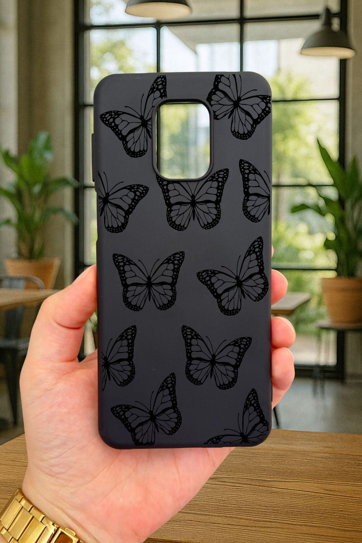 Redmi Note 9Pro/9S Uyumlu SİYAH KELEBEK DESENLİ Silikon Darbe Emici Klasik Korumalı Rubber Kılıf