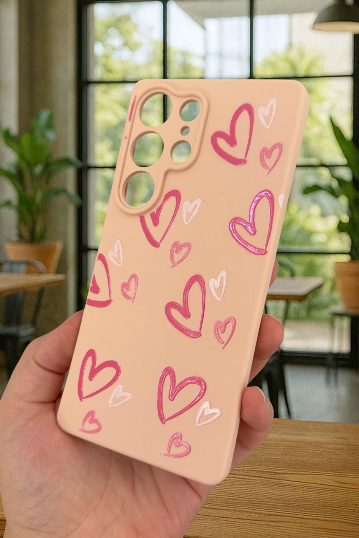 Samsung Galaxy S25 Ultra - Pembe Kalp Desenli Silikon Darbe Emici Klasik Korumalı Rubber Kılıf
