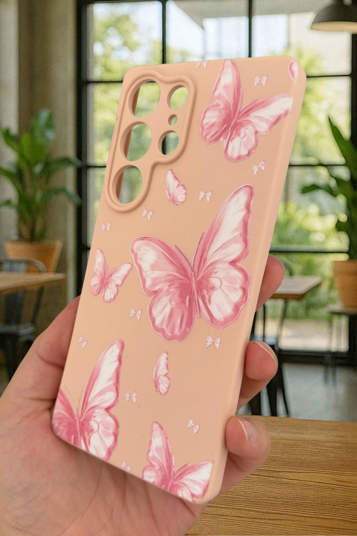 Samsung Galaxy S25 Ultra - Pembe Kelebek Desenli Silikon Darbe Emici Klasik Korumalı Rubber Kılıf