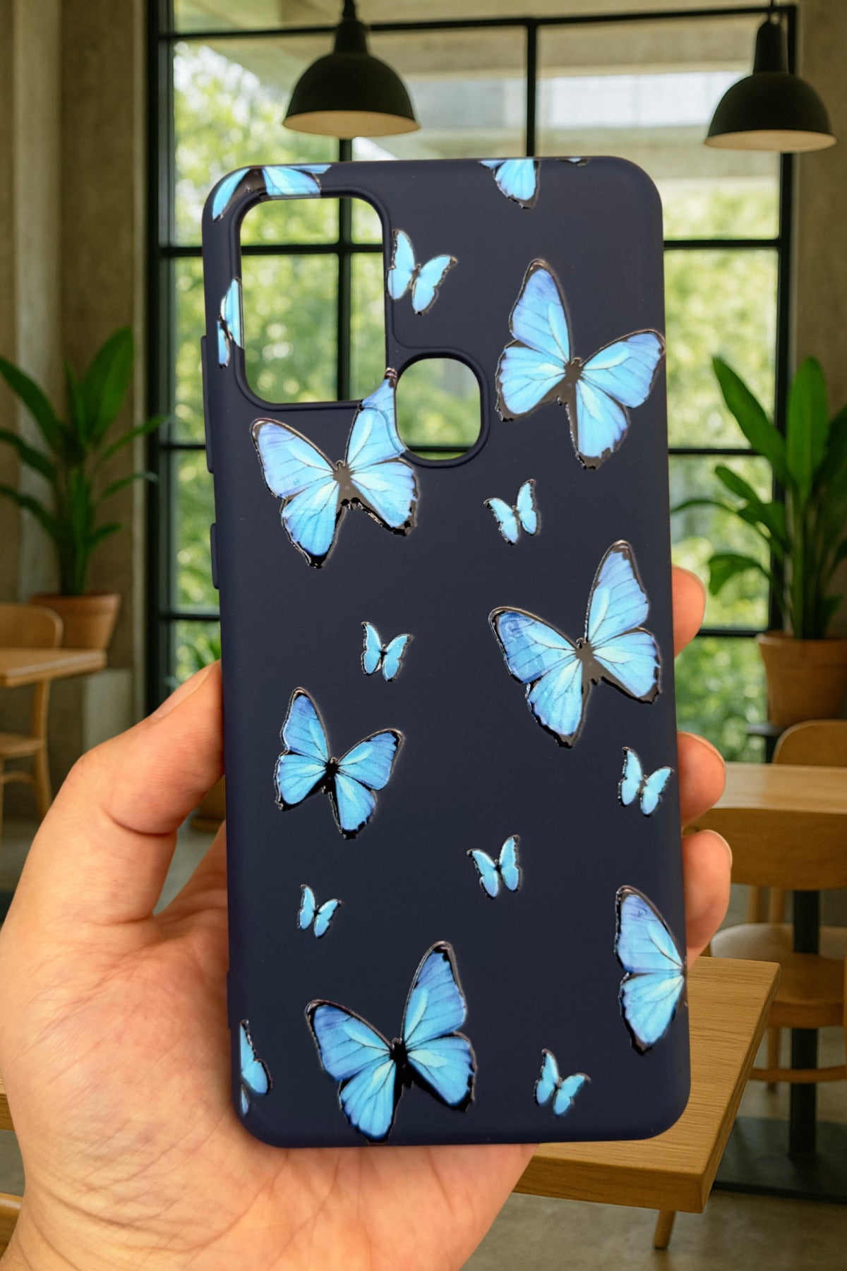 Samsung Galaxy A21s Uyumlu Mavi Kelebek Desenli Silikon Darbe Emici Klasik Korumalı Rubber Kılıf