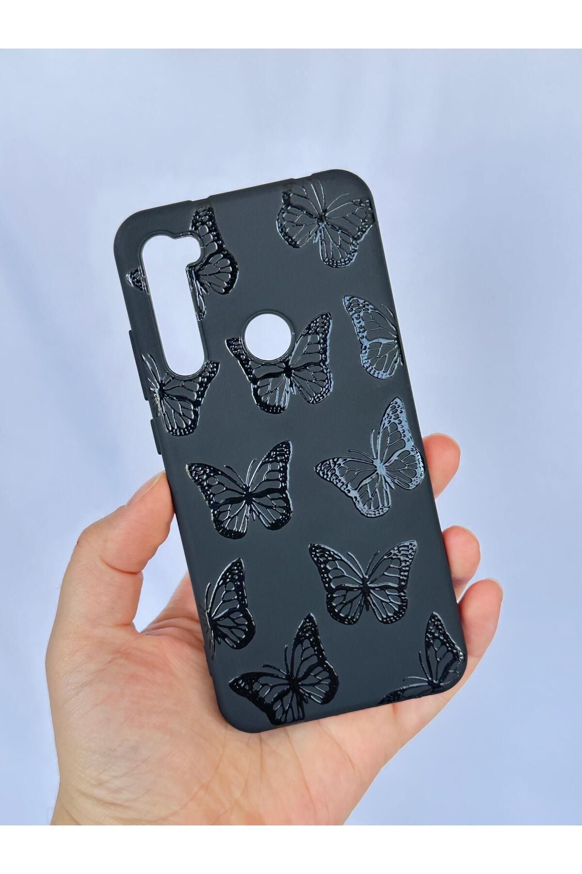 Xiaomi Redmi Note 8 Siyah Kelebek Desenli Silikon Darbe Emici Klasik Korumalı Rubber Kılıf