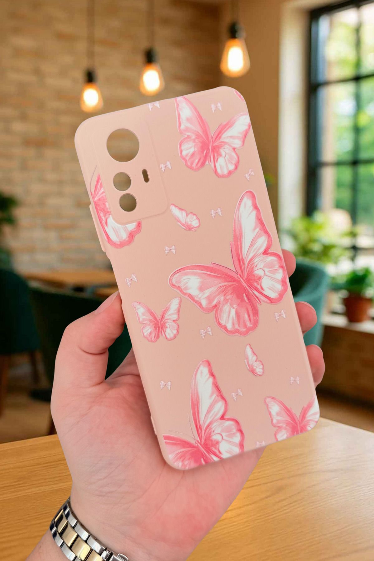 Xiaomi Redmi Note 12S - PEMBE KELEBEK DESENLİ Silikon Darbe Emici Klasik Korumalı Rubber Kılıf