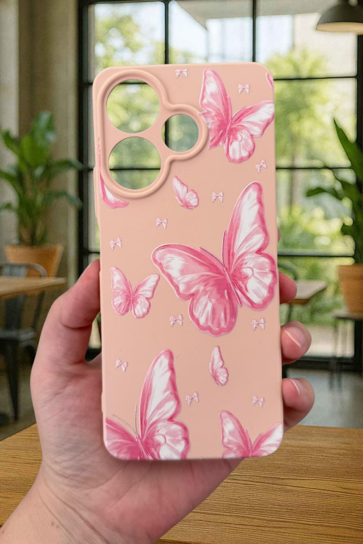 Xiaomi Redmi 13 4G PEMBE KELEBEK DESENLİ Silikon Darbe Emici Klasik Korumalı Rubber Kılıf