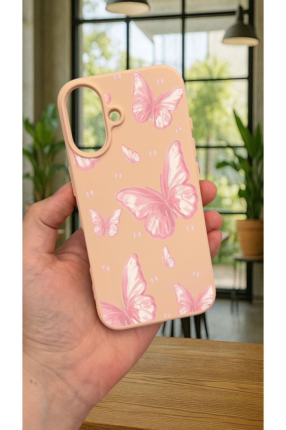 iPhone 16 Plus -PEMBE KELEBEK DESENLİ Silikon Darbe Emici Klasik Korumalı Rubber Kılıf