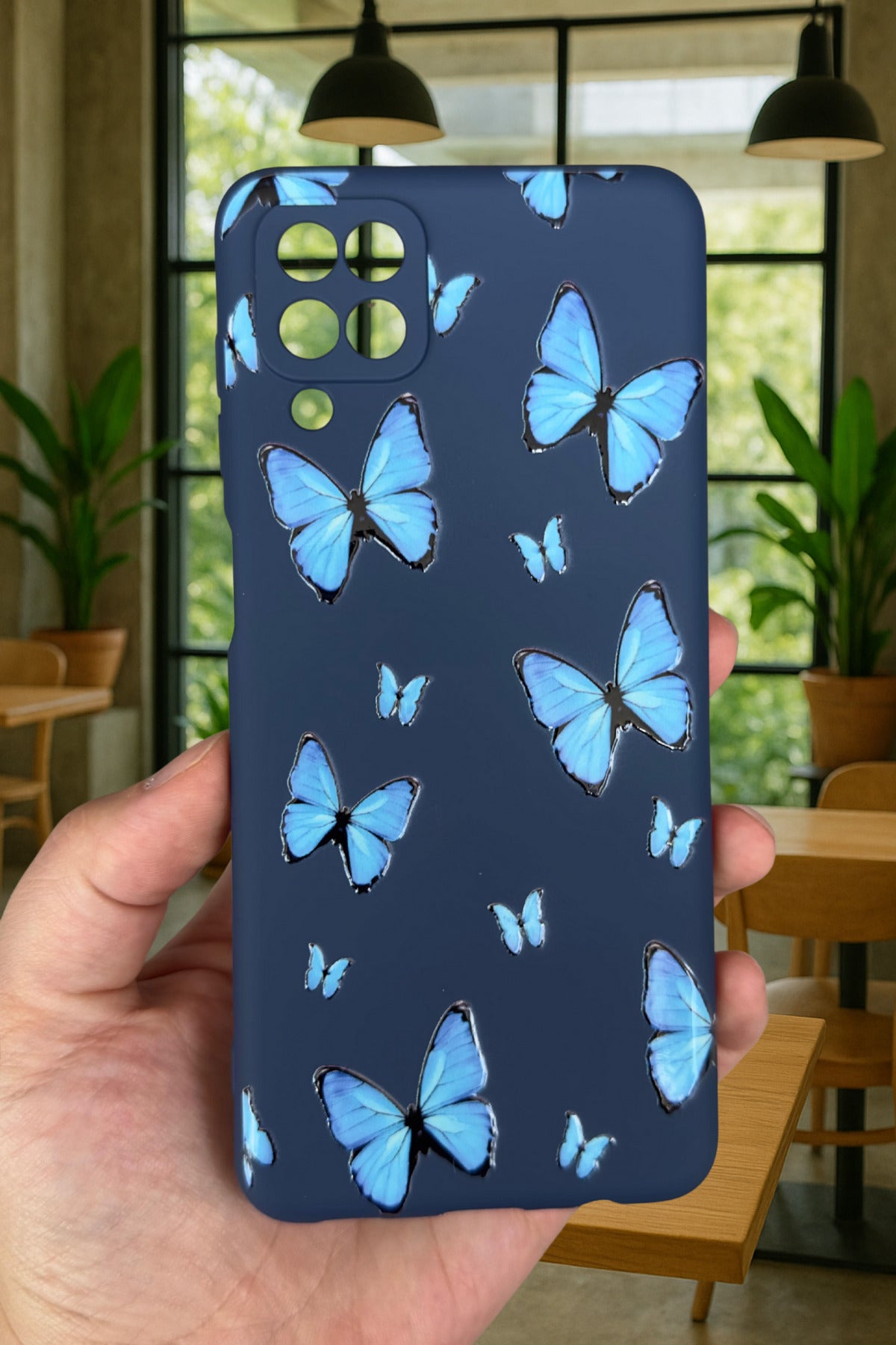 Samsung Galaxy A12 Uyumlu Mavi Kelebek Desenli Silikon Darbe Emici Klasik Korumalı Rubber Kılıf