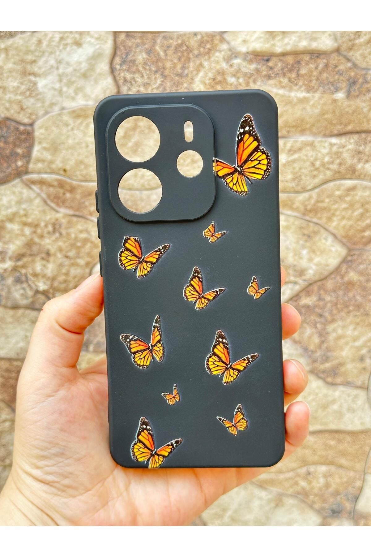 Xiaomi Redmi Note 14 Turuncu Kelebek Desenli Silikon Darbe Emici Klasik Korumalı Rubber Kılıf