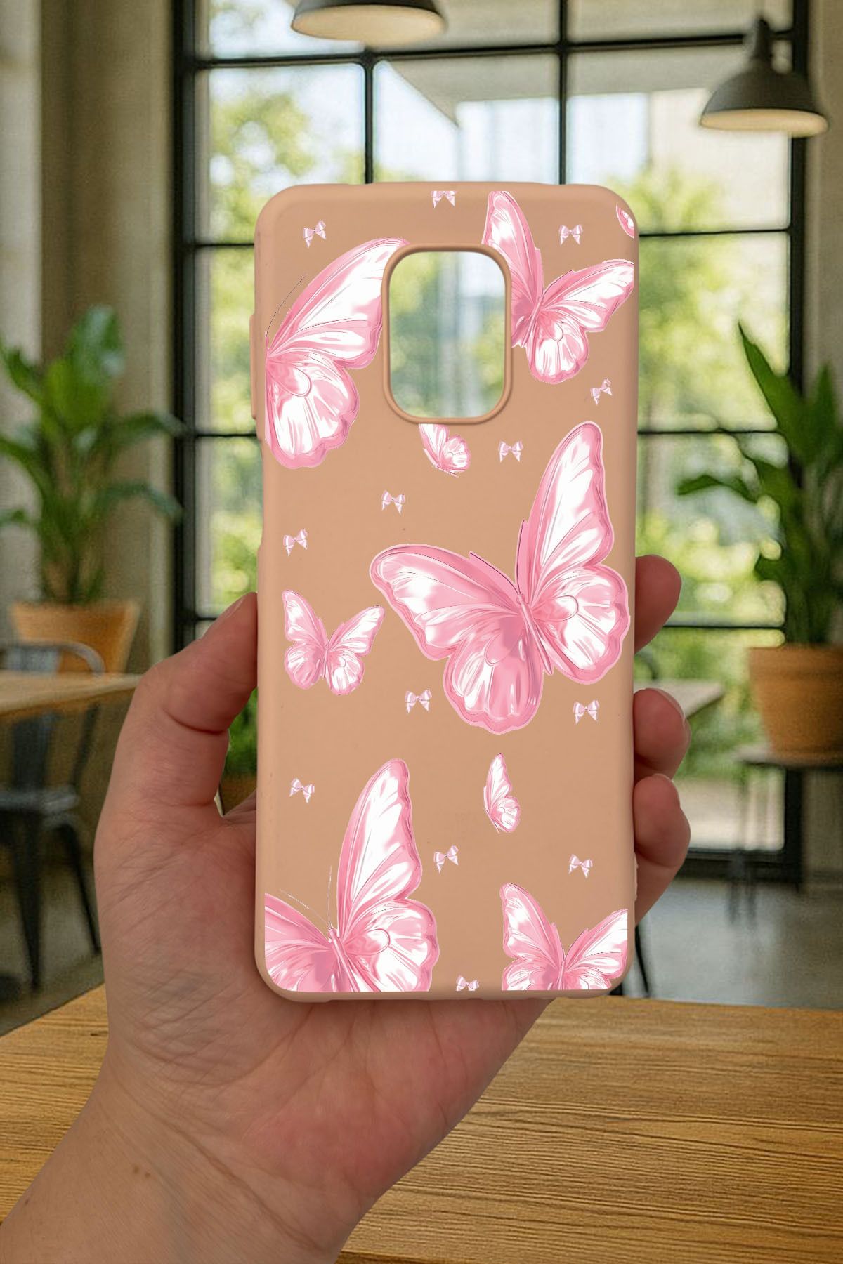 Redmi Note 9 Pro/9S Uyumlu PEMBE KELEBEK DESENLİ Silikon Darbe Emici Klasik Korumalı Rubber Kılıf