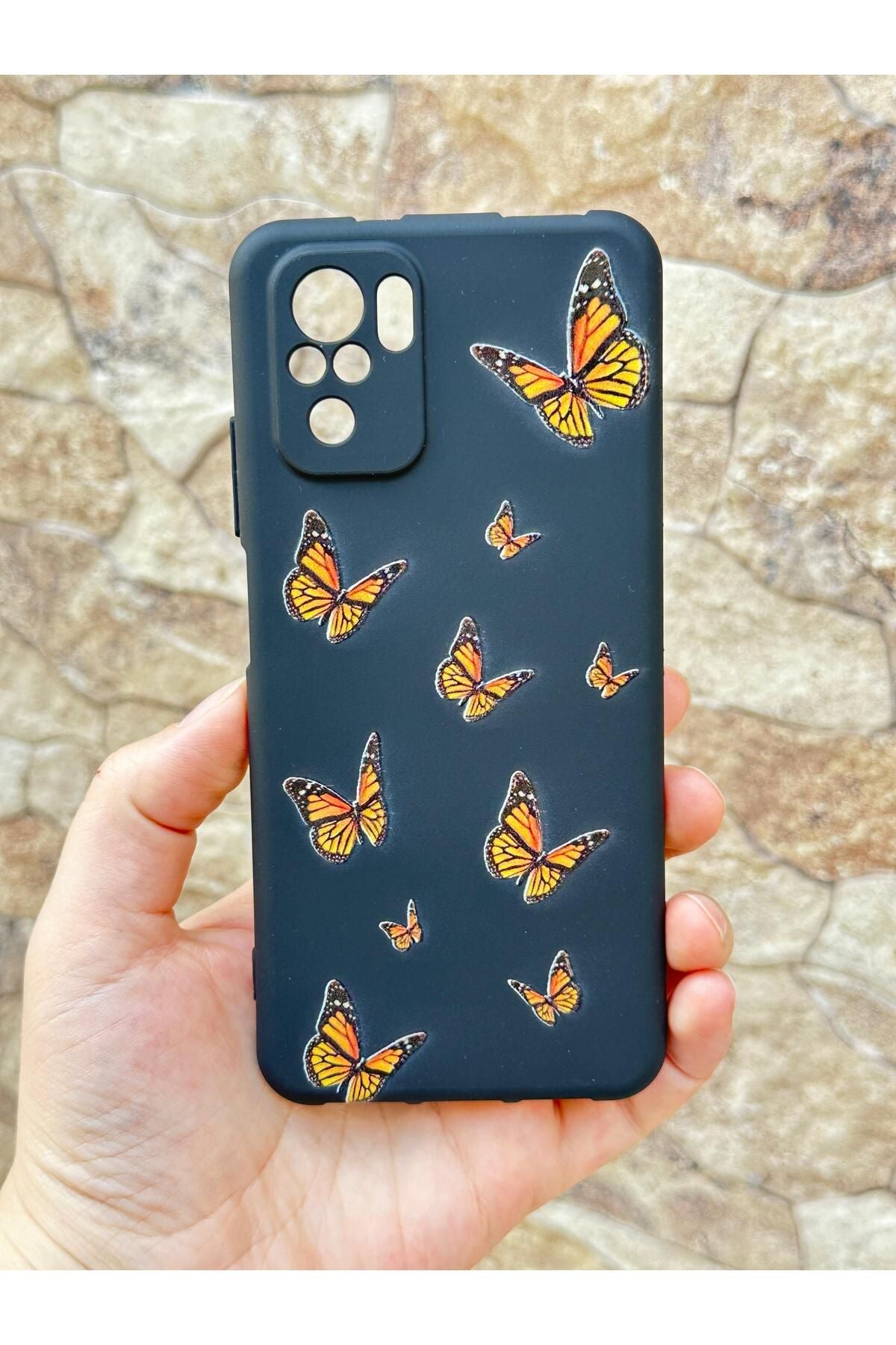 Xiaomi Redmi Note 10/10S Uyumlu Turuncu Kelebek Desenli Silikon Darbe Emici Klasik Korumalı Rubber Kılıf