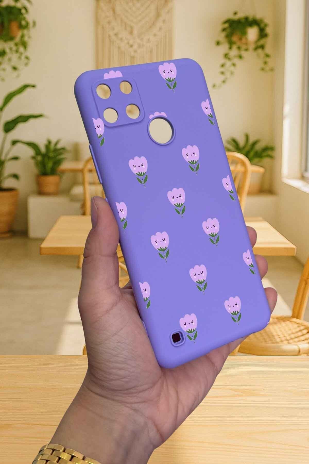 Realme C21Y Ve C25Y - MİNİ LALE DESENLİ Silikon Darbe Emici Klasik Korumalı Rubber Kılıf