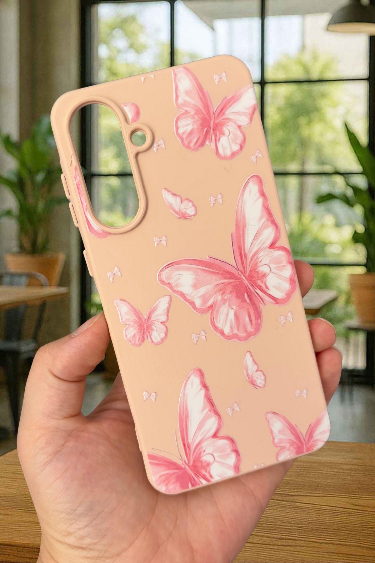 Samsung Galaxy A56 Uyumlu Pembe Kelebek Desenli Silikon Darbe Emici Klasik Korumalı Rubber Kılıf