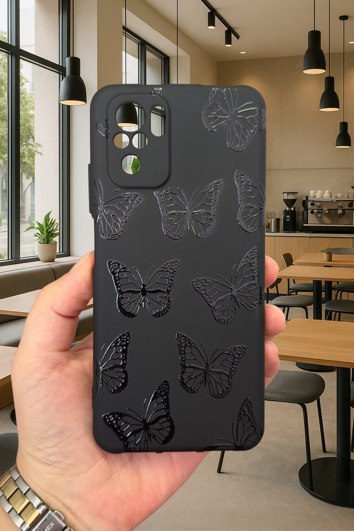 Redmi Note 10/10S Uyumlu SİYAH KELEBEK DESENLİ Silikon Darbe Emici Klasik Korumalı Rubber Kılıf