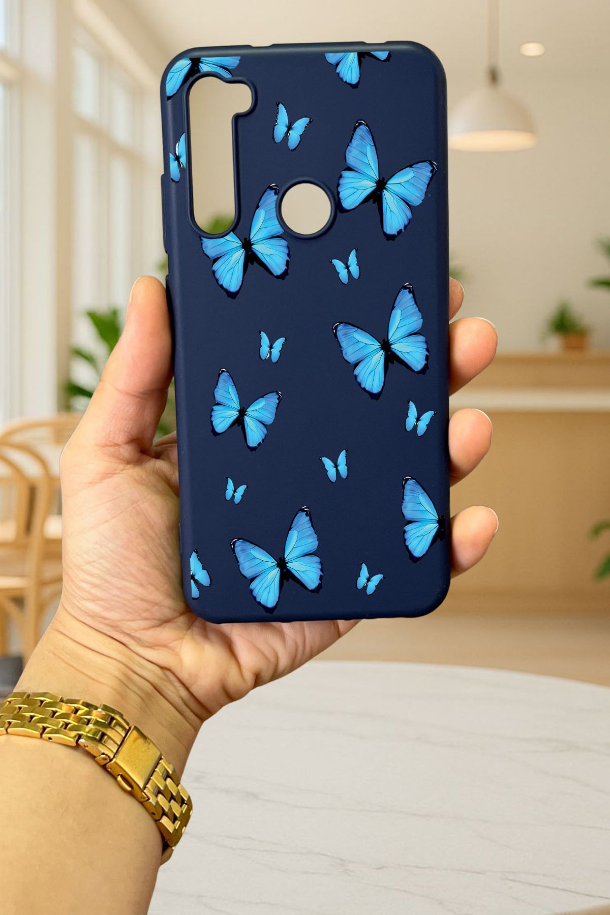 Xiaomi Redmi Note 8 MAVİ KELEBEK DESENLİ Silikon Darbe Emici Klasik Korumalı Rubber Kılıf