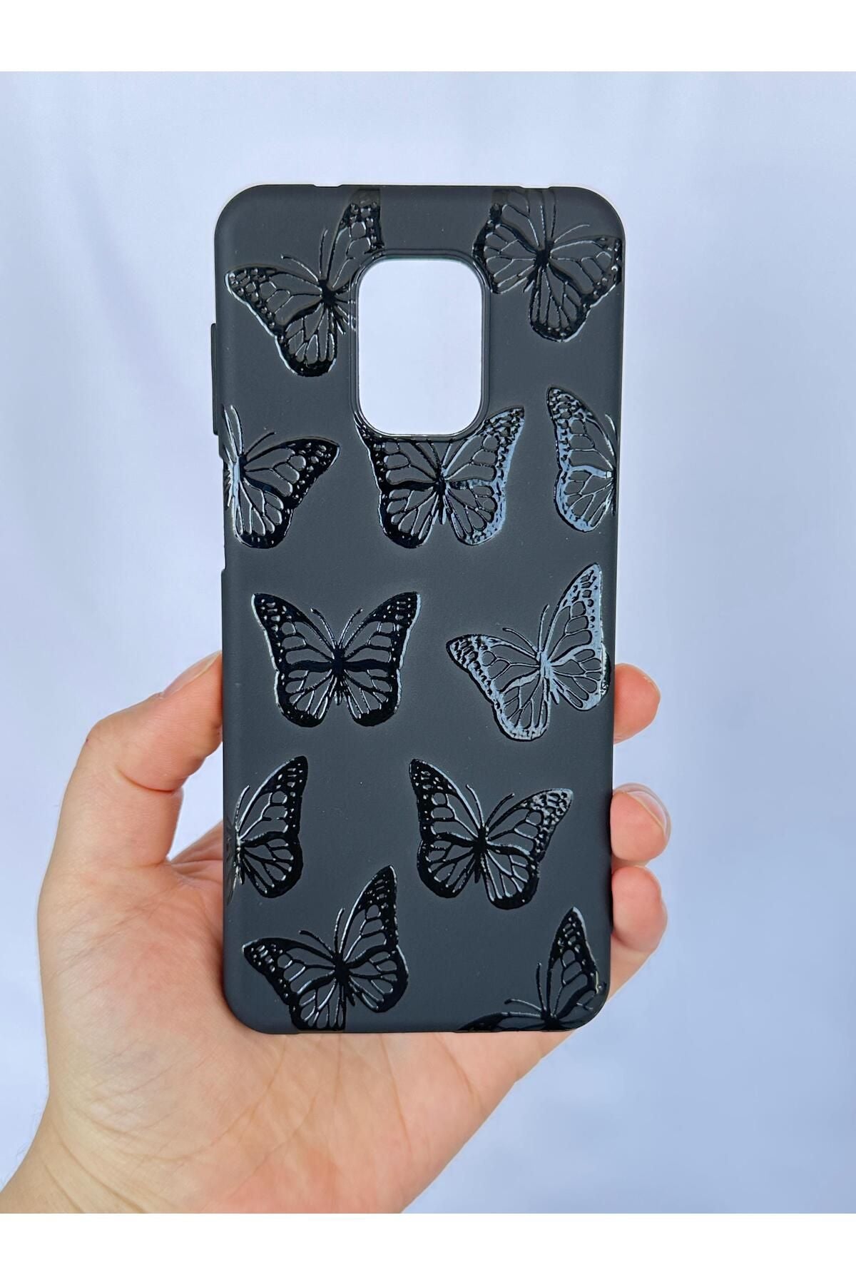 Redmi Note 9Pro/9S Uyumlu Siyah Kelebek Desenli Silikon Darbe Emici Klasik Korumalı Rubber Kılıf