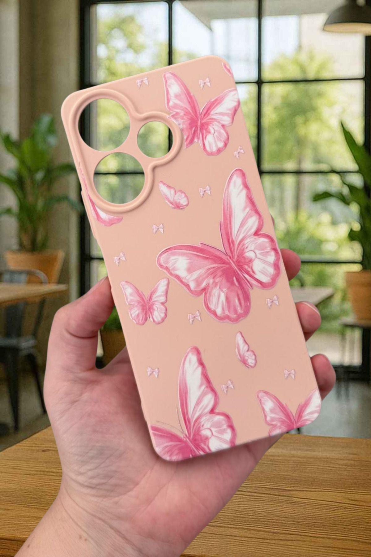 Xiaomi Redmi 13 4G PEMBE KELEBEK DESENLİ Silikon Darbe Emici Klasik Korumalı Rubber Kılıf