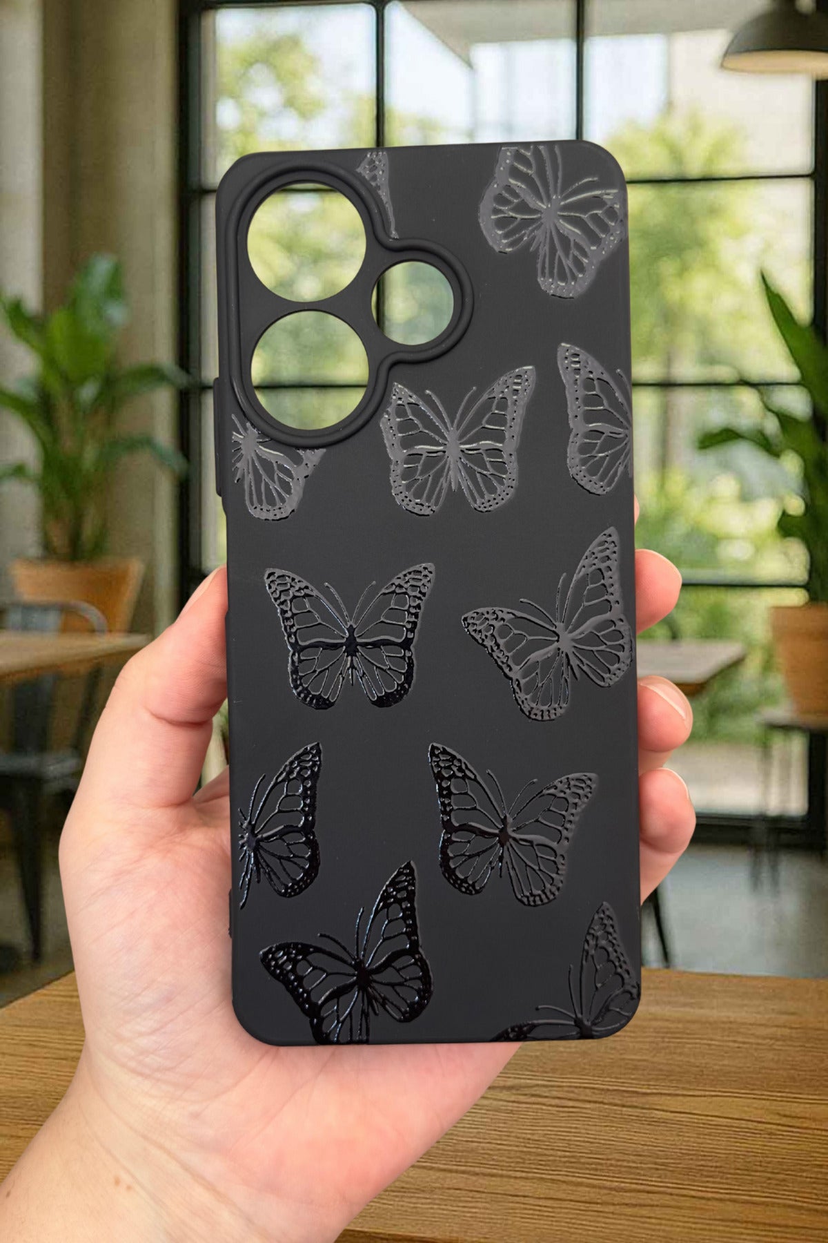 Xiaomi Redmi 13 4G SİYAH KELEBEK DESENLİ Silikon Darbe Emici Klasik Korumalı Rubber Kılıf