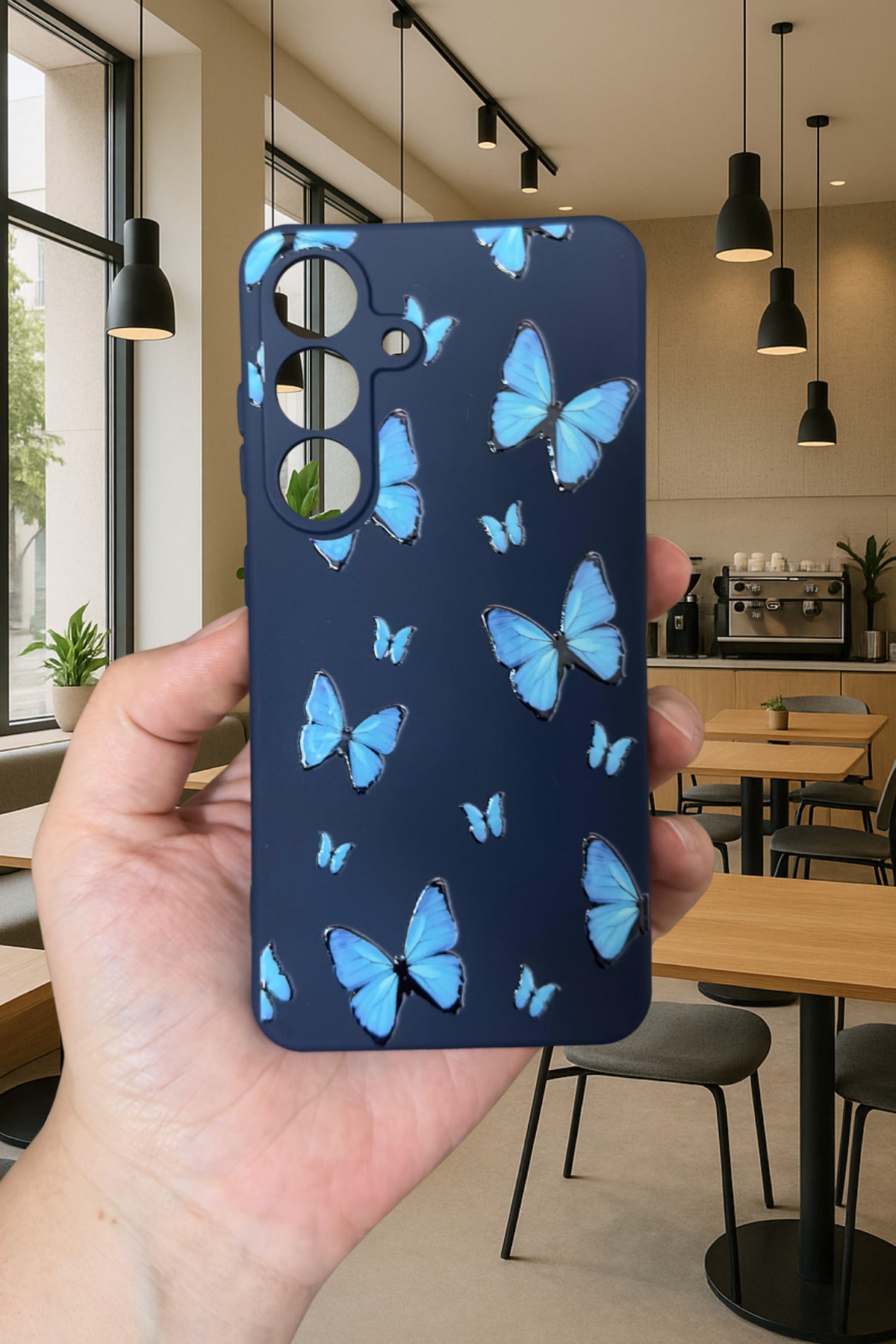 Samsung Galaxy S25 - MAVİ KELEBEK DESENLİ Silikon Darbe Emici Klasik Korumalı Rubber Kılıf