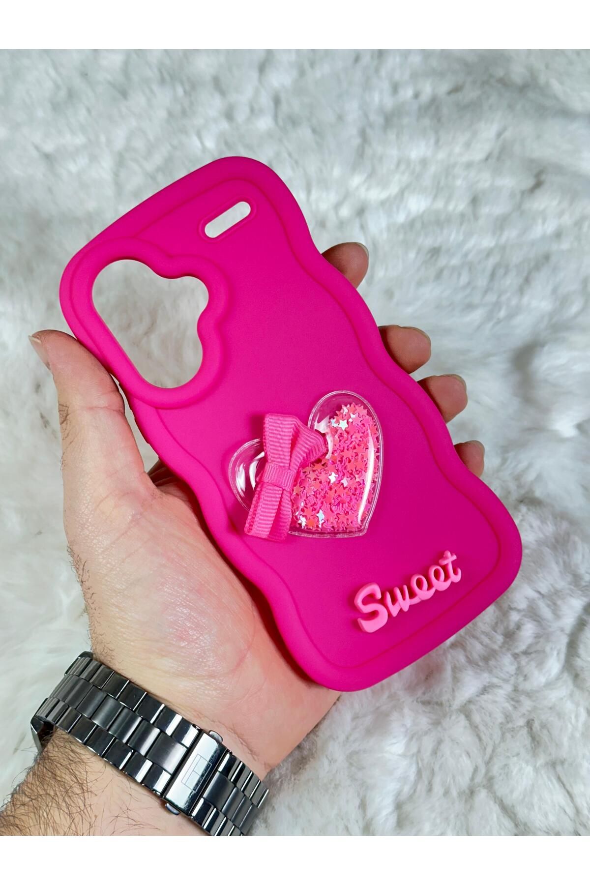 Xiaomi Redmi Note 13 Pro PLUS  Renkli Kalp Kurdele Detaylı Simli Dalgalı Sweety Kılıf