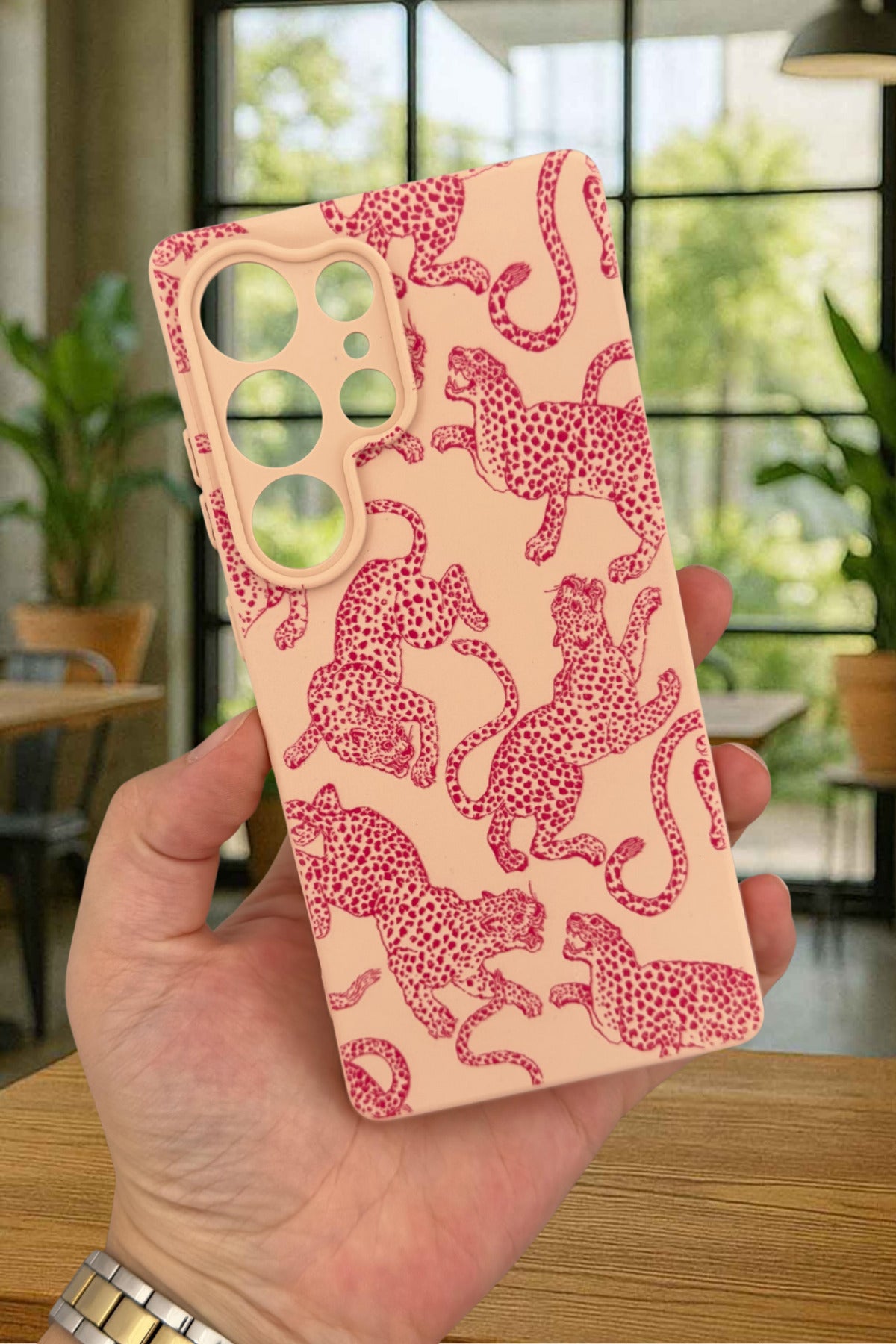 Samsung Galaxy S25 Ultra - Pembe Leopar Desenli Silikon Darbe Emici Klasik Korumalı Rubber Kılıf