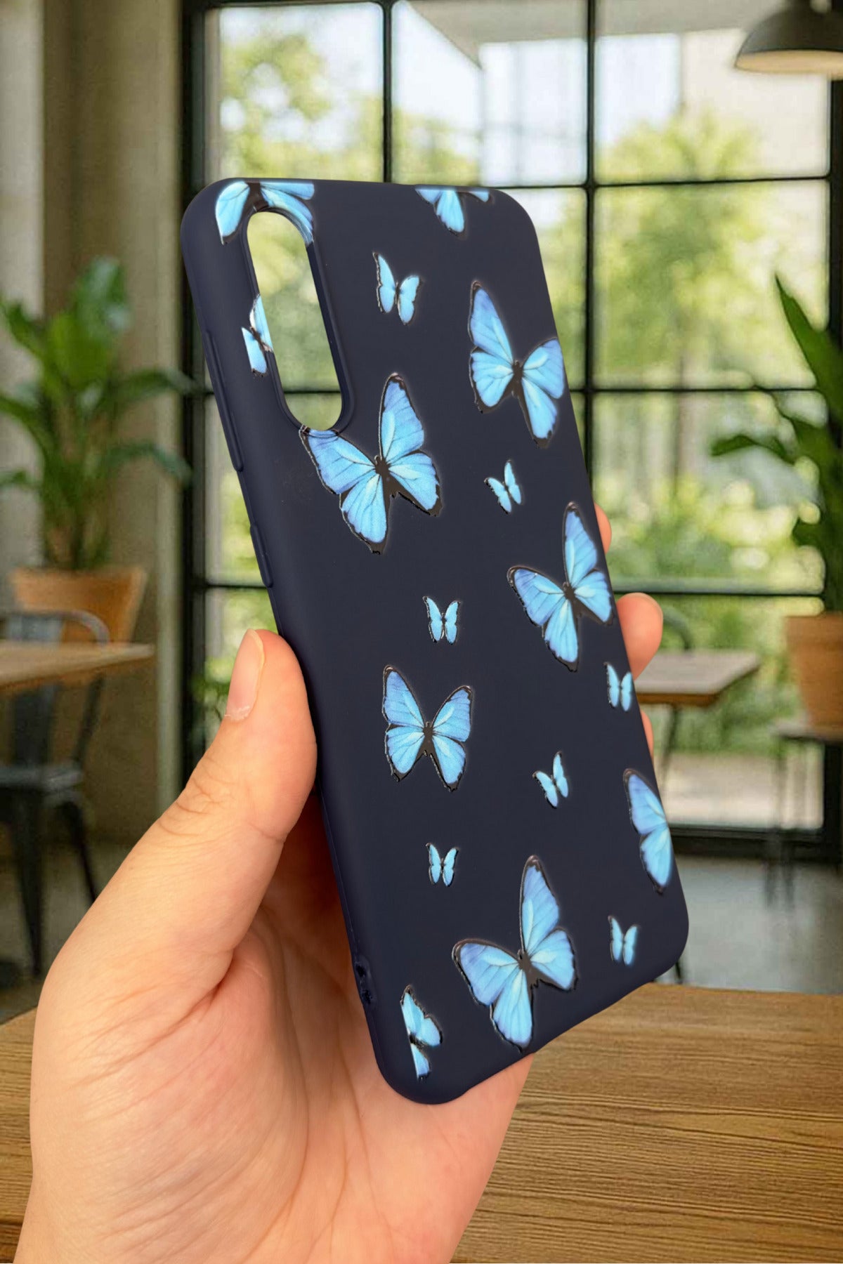 Samsung Galaxy A50 Uyumlu Mavi Kelebek Desenli Silikon Darbe Emici Klasik Korumalı Rubber Kılıf