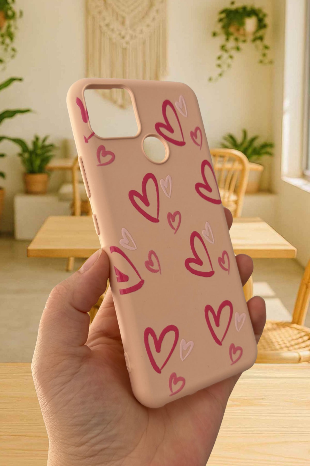 Realme C25 Uyumlu Kılıf PEMBE KALP DESENLİ Silikon Darbe Emici Klasik Korumalı Rubber Kapak