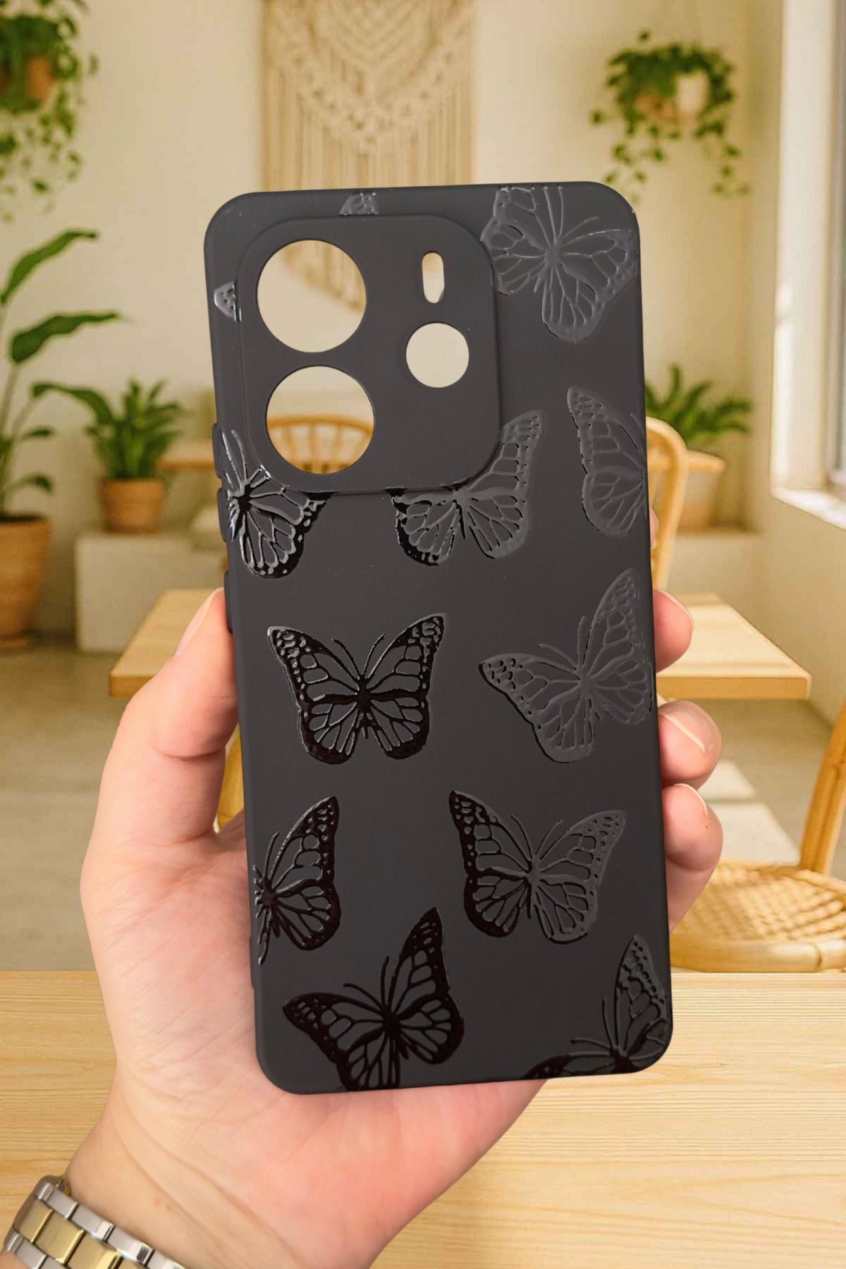 Xiaomi Redmi Note 14 SİYAH KELEBEK DESENLİ Silikon Darbe Emici Klasik Korumalı Rubber Kılıf