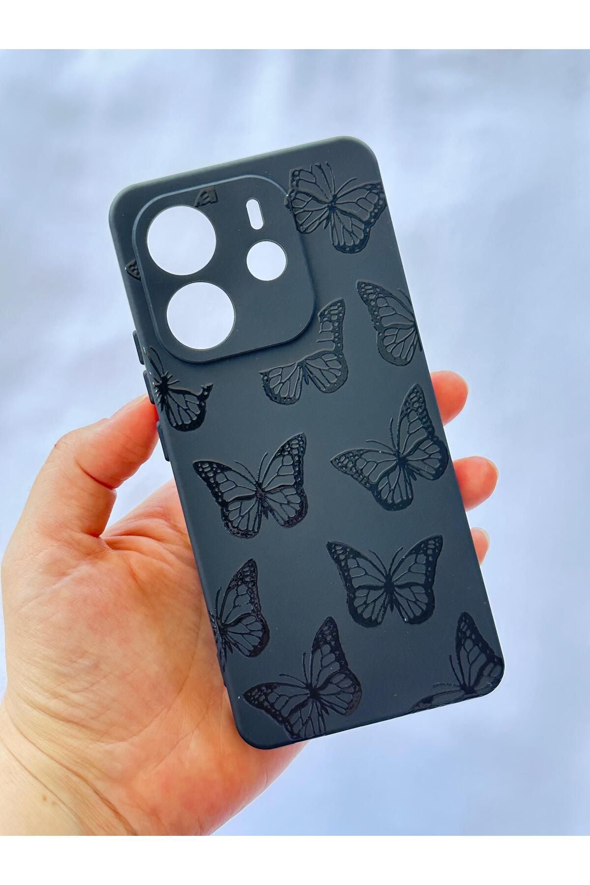 Xiaomi Redmi Note 14 Siyah Kelebek Desenli Silikon Darbe Emici Klasik Korumalı Rubber Kılıf